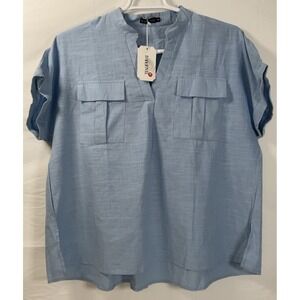 NWT Women's Davenil Oversized Short Sleeve V-Neck Smocked Blouse Lt Blue Medium